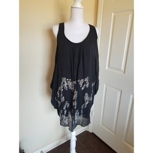 Vintage Flowy black silk dress gold sequins